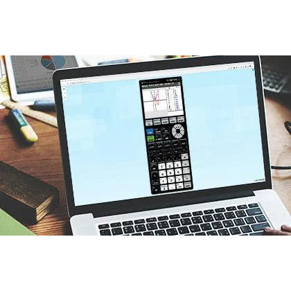 Laptop displaying TI-84 Plus CE online calculator interface, Underwood Distributing Co