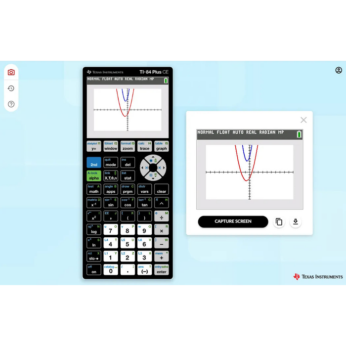 TI-84 Plus CE online calculator with graphing functions displayed, Underwood Distributing Co.