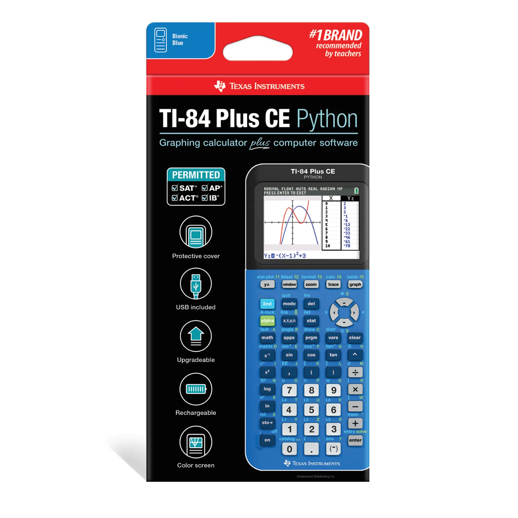 TI-84 Plus CE Python graphing calculator in bionic blue packaging from Underwood Distributing Co.