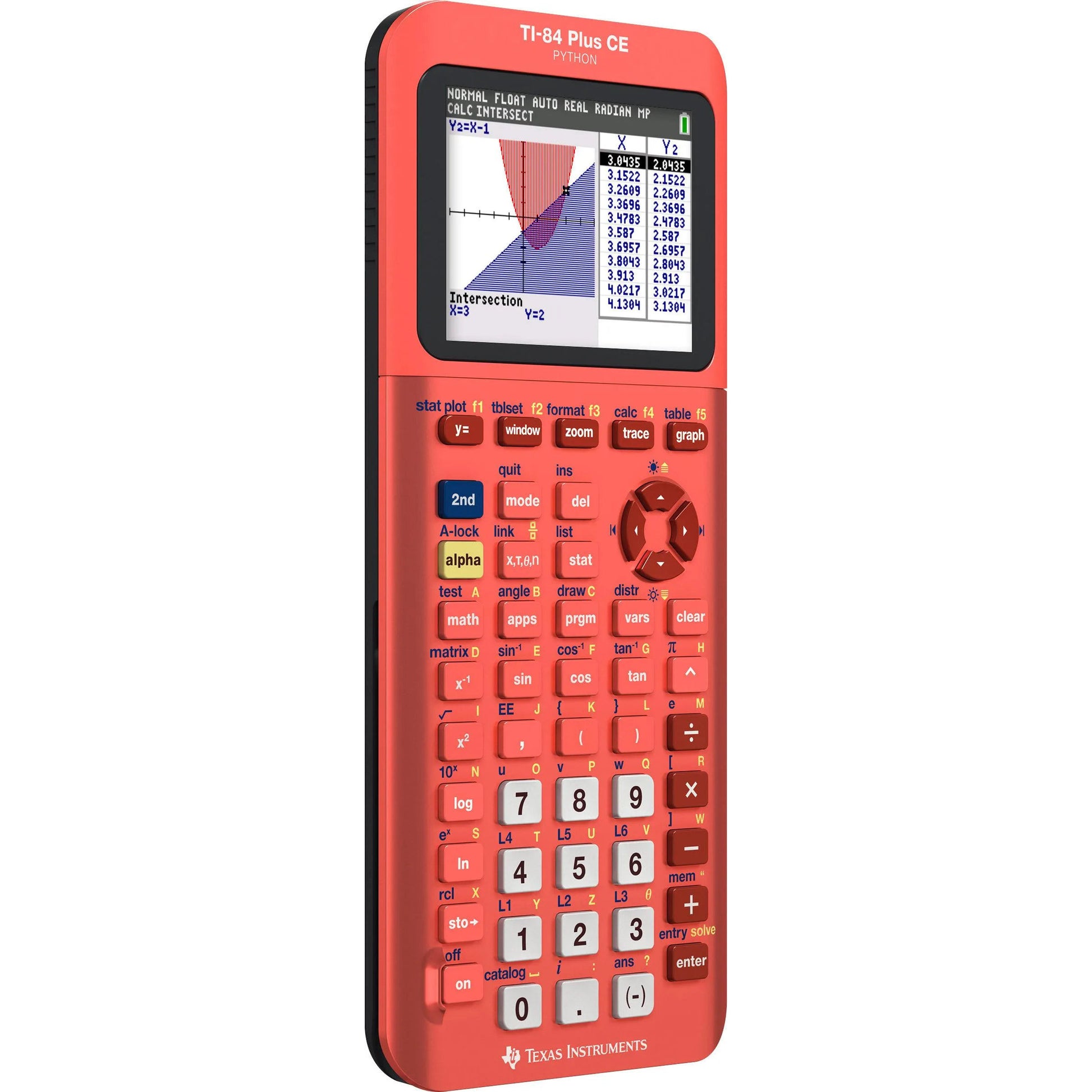 TI-84 Plus CE Python graphing calculator in coral color, shown at Underwood Distributing Co.