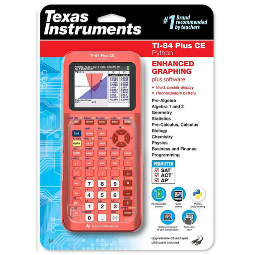 Texas Instruments TI-84 Plus CE Python coral graphing calculator in retail packaging at Underwood Distributing Co.
