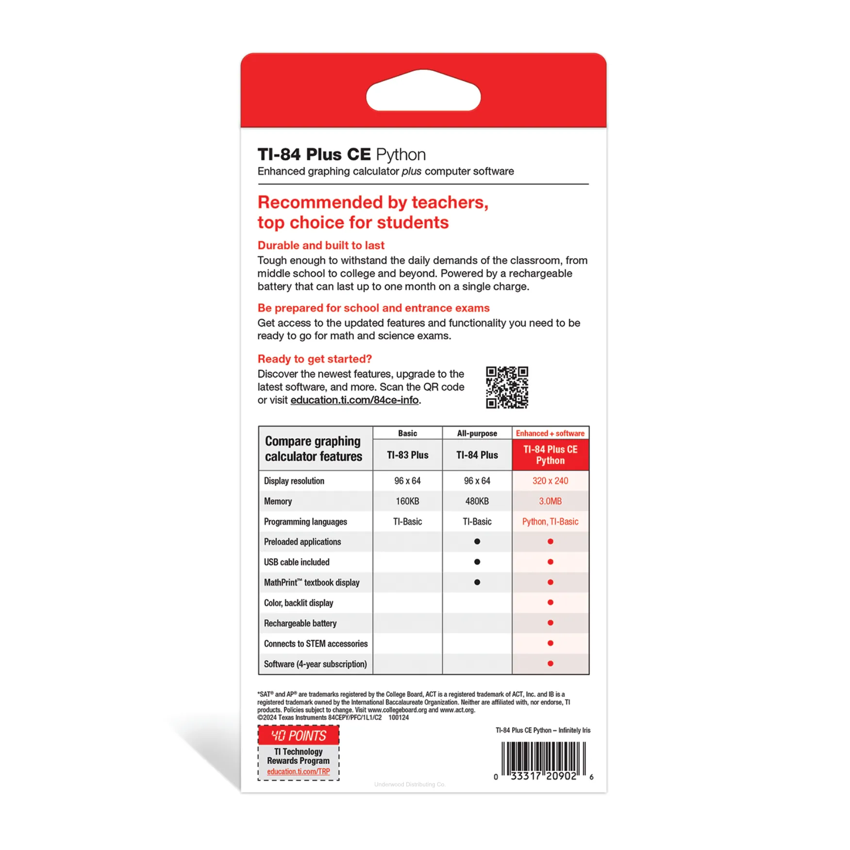 TI-84 Plus CE Python calculator packaging back, feature comparison chart, Underwood Distributing Co.