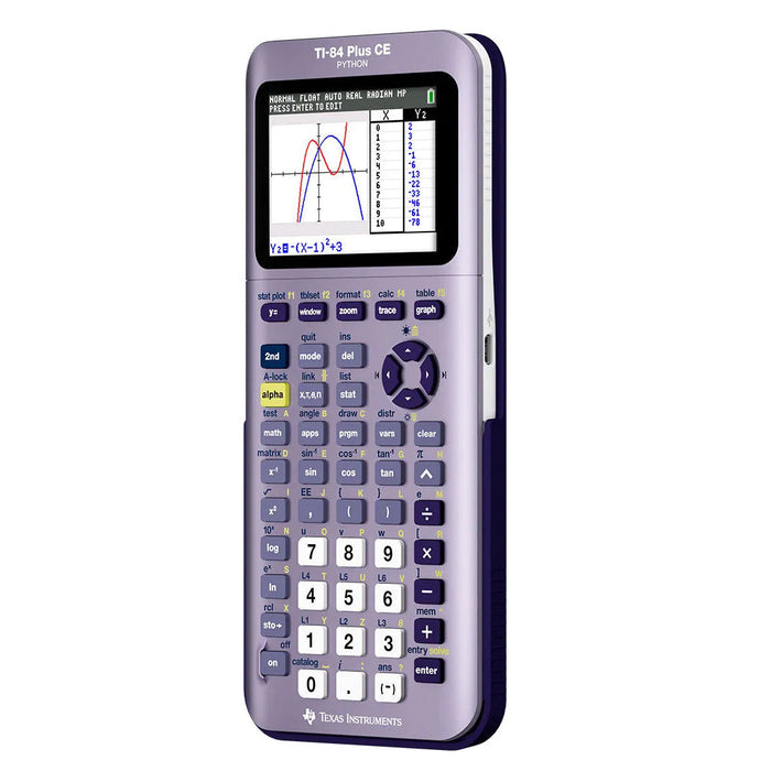 Texas Instruments TI-84 Plus CE Python graphing calculator in purple, displayed upright.