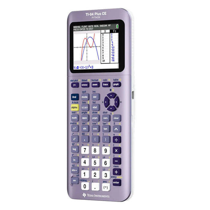 TI-84 Plus CE Python graphing calculator, lavender, displaying graph, Underwood Distributing Co.