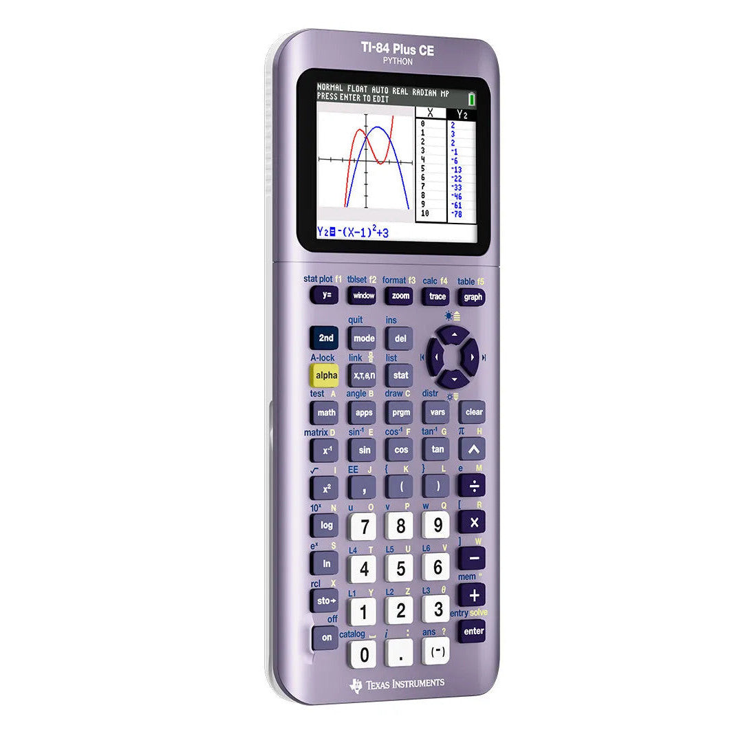 TI-84 Plus CE Python graphing calculator in Infinity Iris, shown with color display, sold by Underwood Distributing Co.