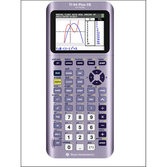 Purple TI-84 Plus CE Python graphing calculator displaying graph screen, sold by Underwood Distributing Co.