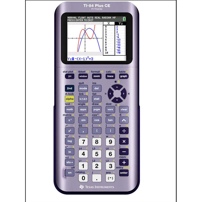 TI-84 Plus CE Python graphing calculator in purple, showing a graph on display, sold by Underwood Distributing Co.