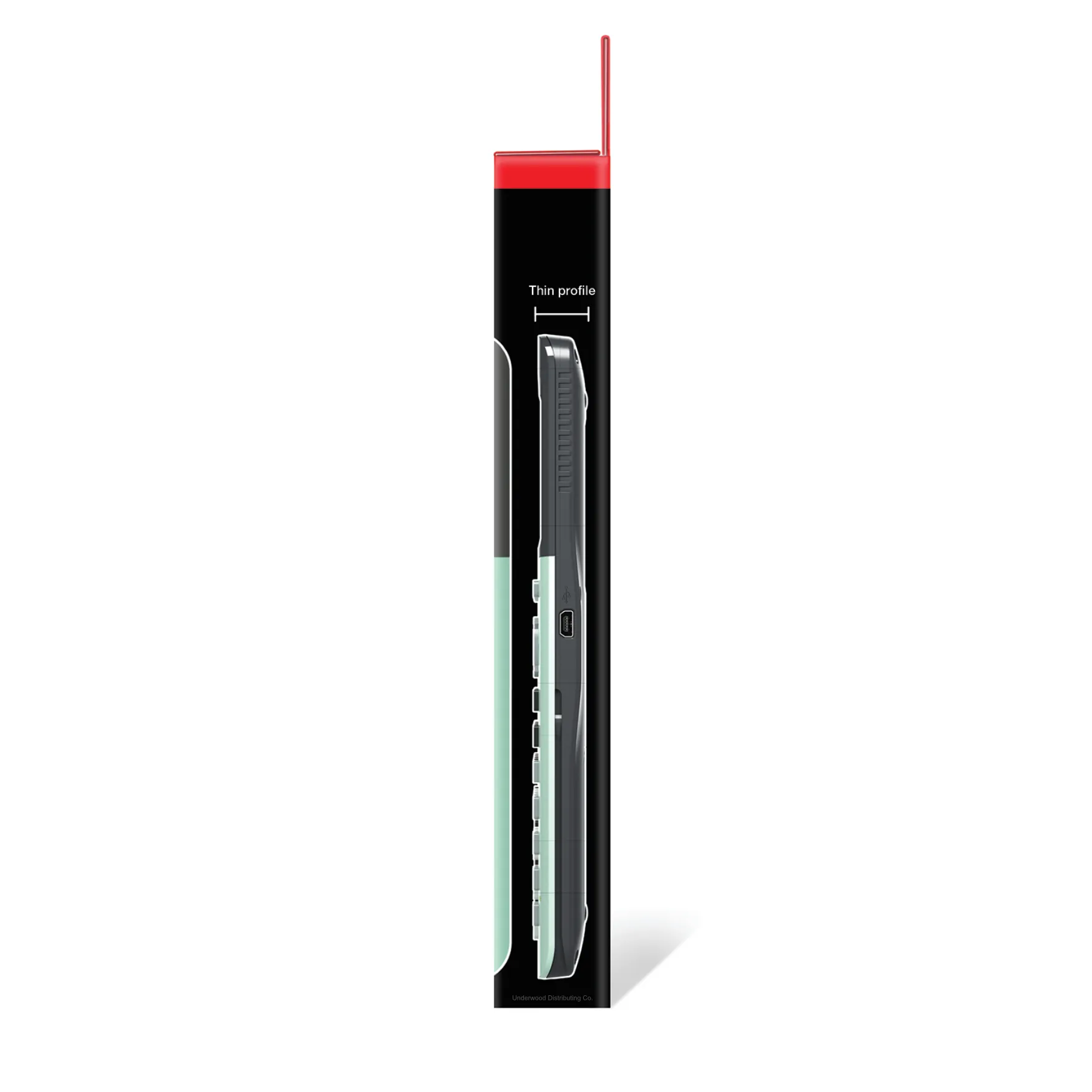 Side view of TI-84 Plus CE Python graphing calculator packaging, thin profile shown
