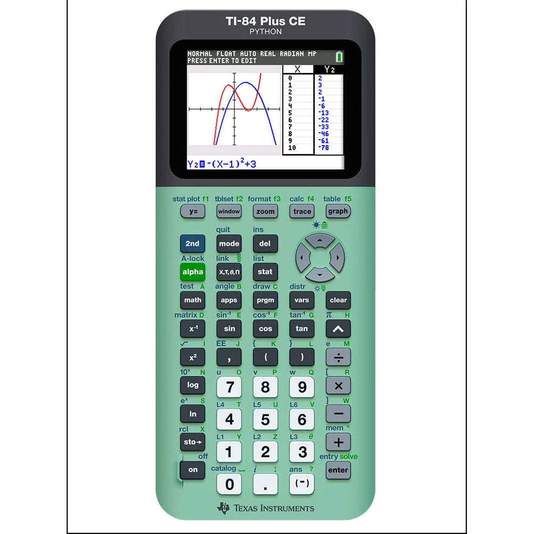 TI-84 Plus CE Python graphing calculator in mint green showing graph on screen, from Underwood Distributing Co.