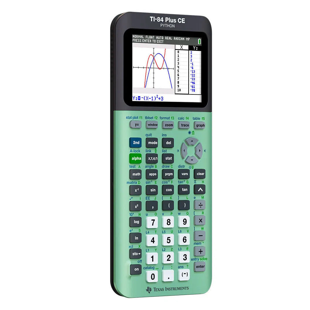 TI-84 Plus CE Python graphing calculator in mint, displaying graphs, at Underwood Distributing Co.