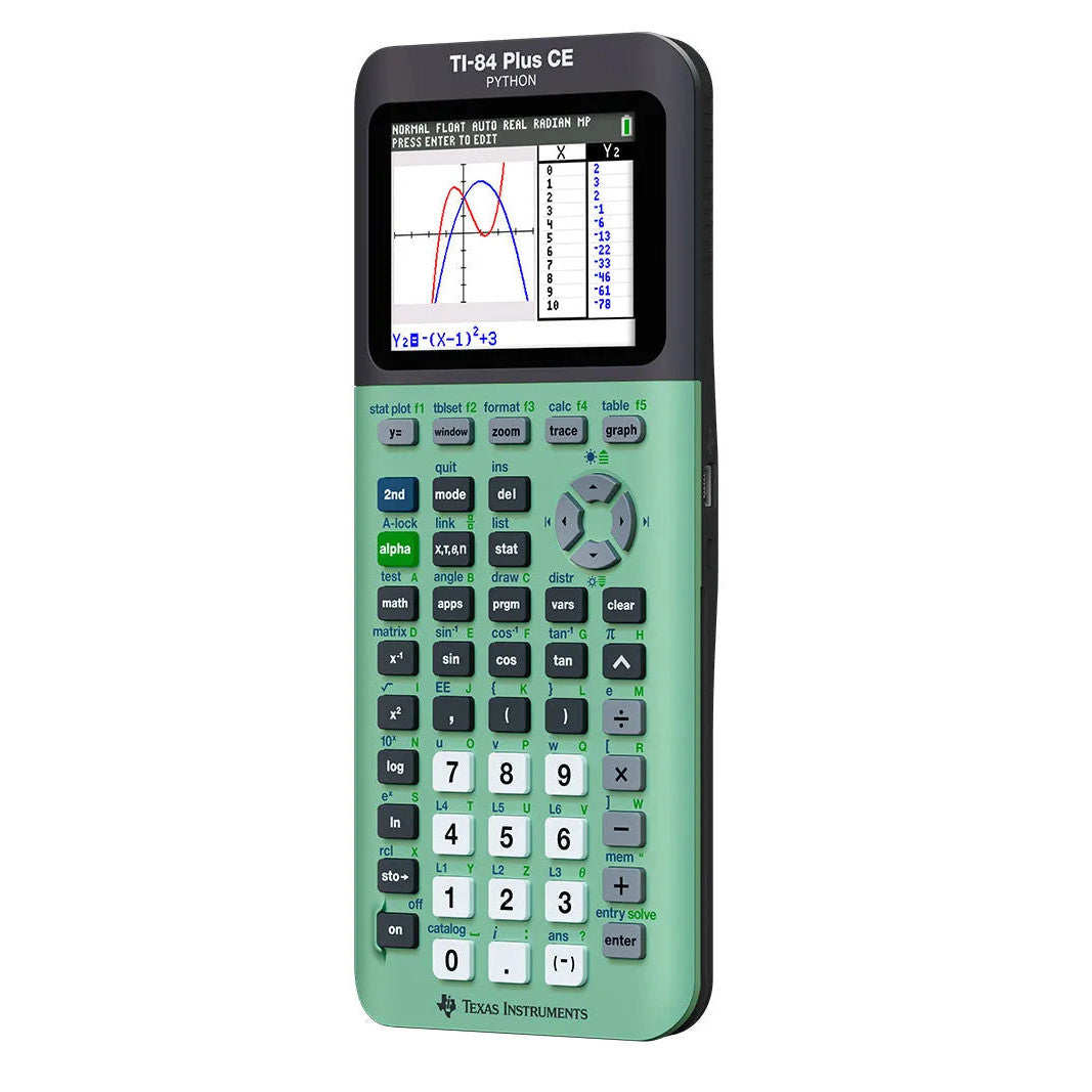 TI-84 Plus CE Python graphing calculator in mint green, displaying graph, sold by Underwood Distributing Co.