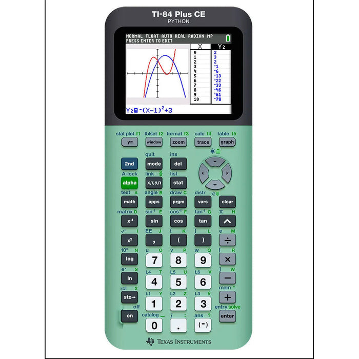 TI-84 Plus CE Python graphing calculator in mint green showing graph on screen, from Underwood Distributing Co.