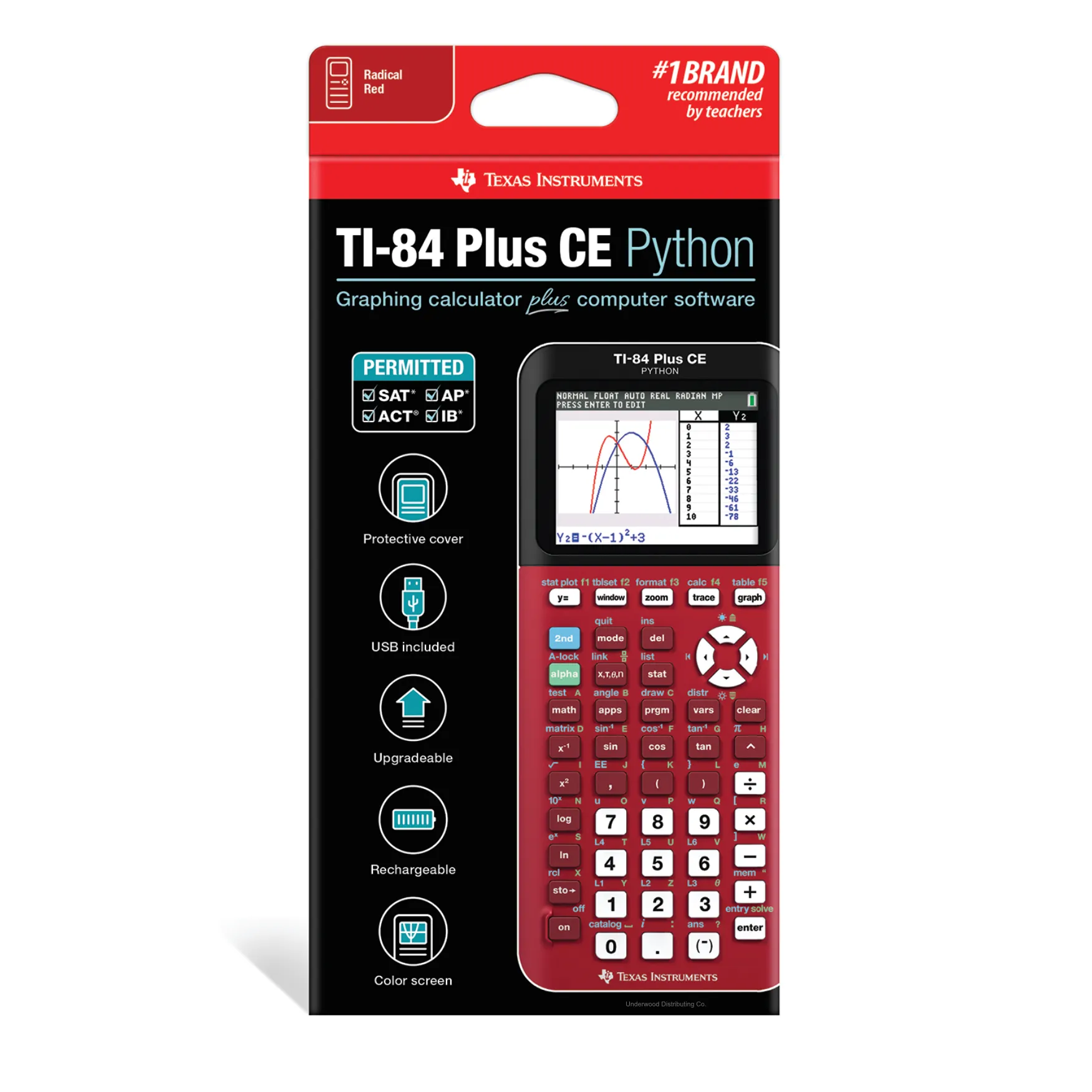 TI-84 Plus CE Python graphing calculator Radical Red in retail packaging, Texas Instruments, Underwood Distributing Co.