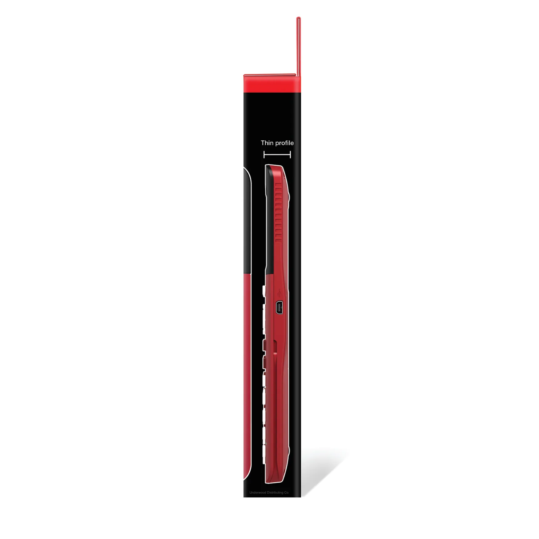 Thin side profile of TI-84 Plus CE Python Radical Red graphing calculator, Underwood Distributing Co.