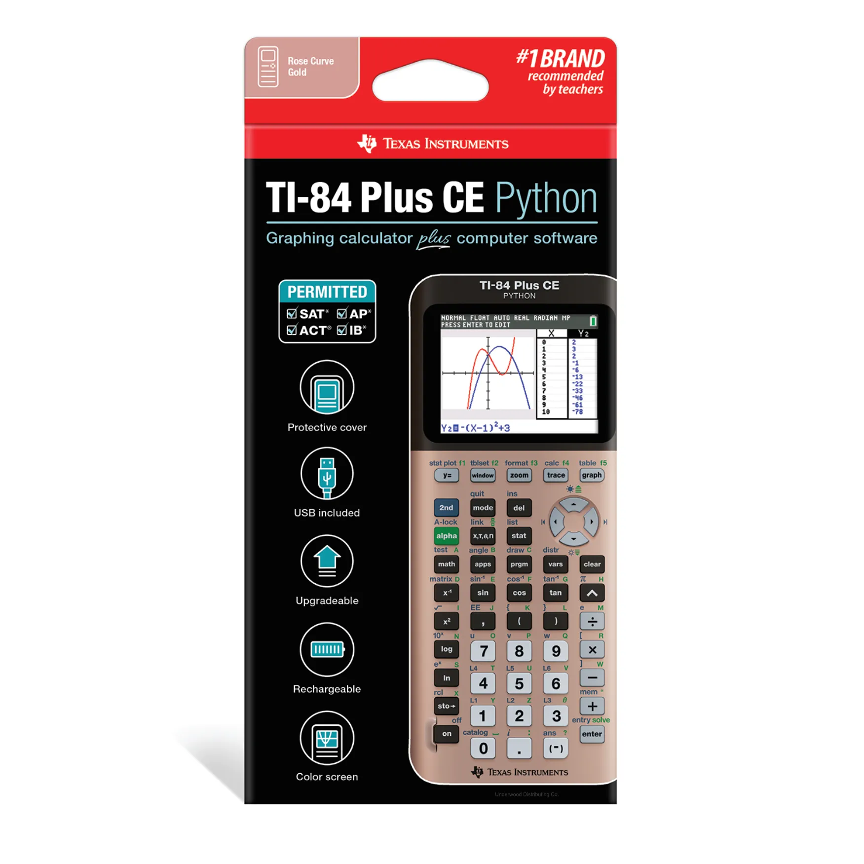 TI-84 Plus CE Python graphing calculator in rose gold packaging from Underwood Distributing Co.