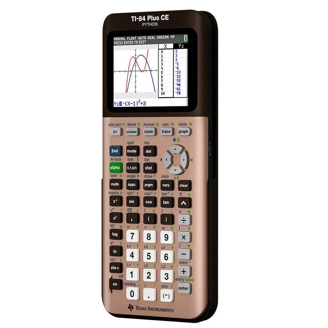 Rose gold TI-84 Plus CE Python graphing calculator by Texas Instruments displaying a graph.
