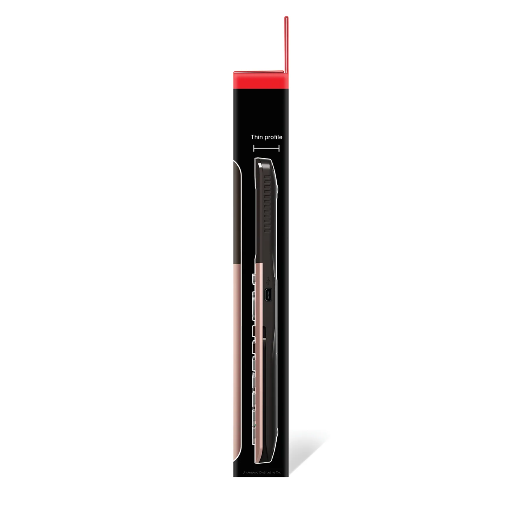 Side view of TI-84 Plus CE Python graphing calculator in rose gold on black packaging