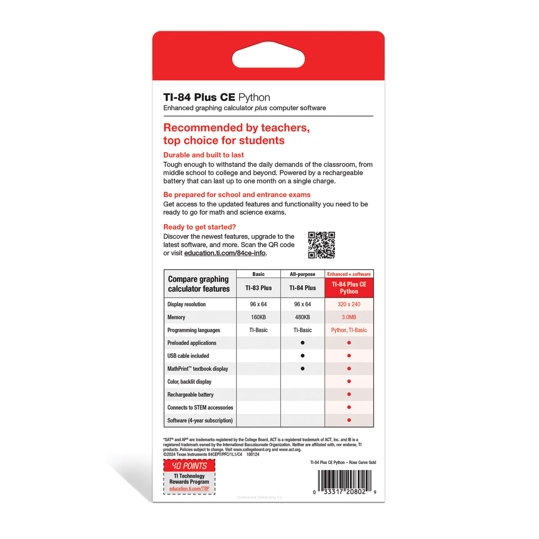 Back packaging of TI-84 Plus CE Python graphing calculator, features and comparison chart