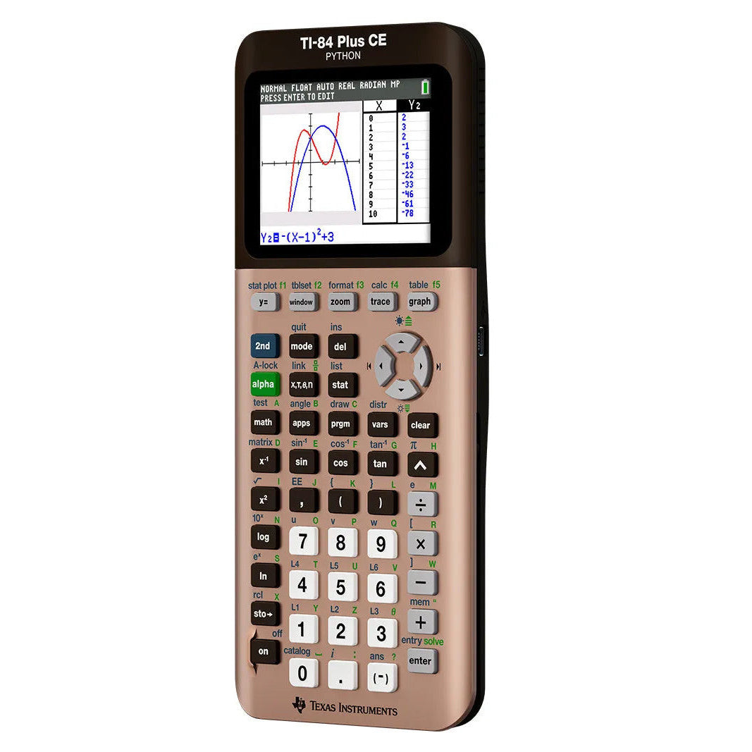 TI-84 Plus CE Python graphing calculator in rose gold, with color graph display, by Texas Instruments