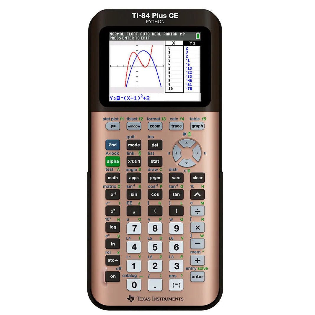 Rose gold TI-84 Plus CE Python graphing calculator displaying graph, sold by Underwood Distributing Co.