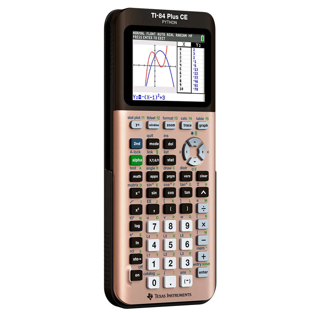 TI-84 Plus CE Python graphing calculator in rose gold, showing digital graph display