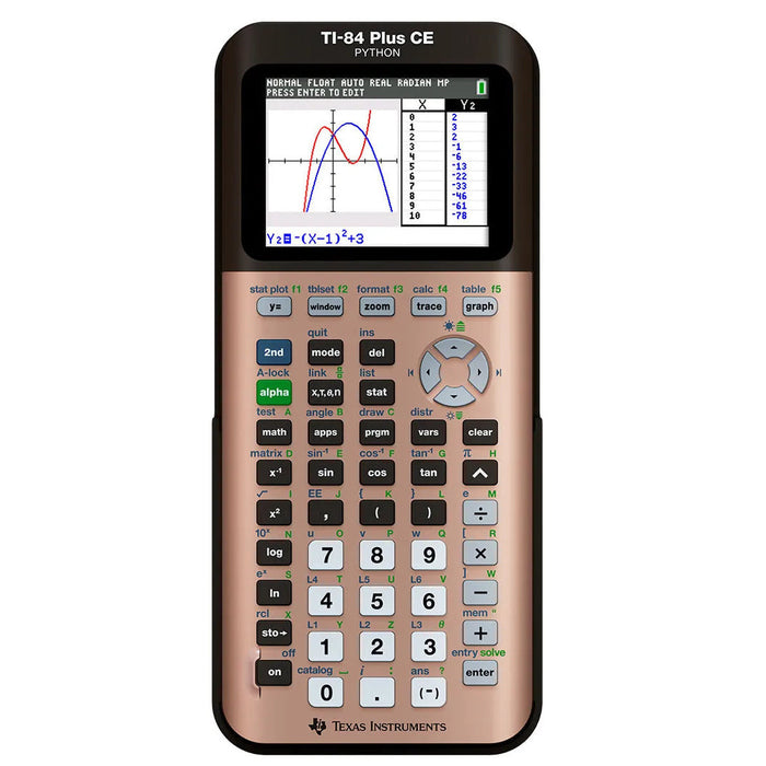 Rose gold TI-84 Plus CE Python graphing calculator displaying graph, sold by Underwood Distributing Co.