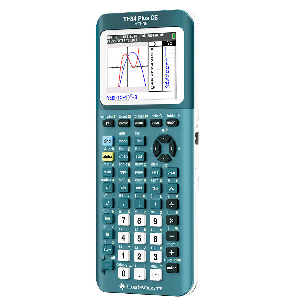 TI-84 Plus CE Python graphing calculator in teal by Texas Instruments, shown with colored graph display.
