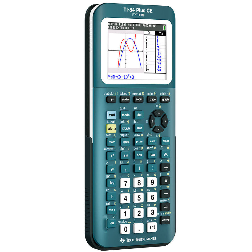 TI-84 Plus CE Python graphing calculator in teal by Texas Instruments, sold by Underwood Distributing Co.