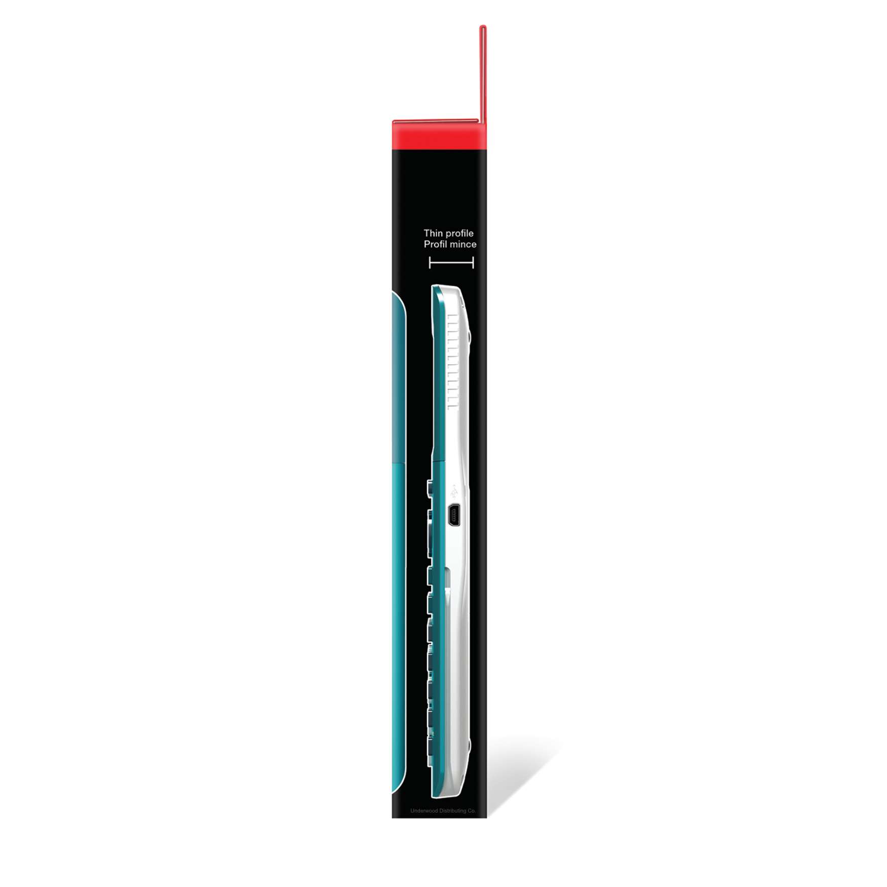 Side view of TI-84 Plus CE Python teal graphing calculator packaging from Underwood Distributing Co.