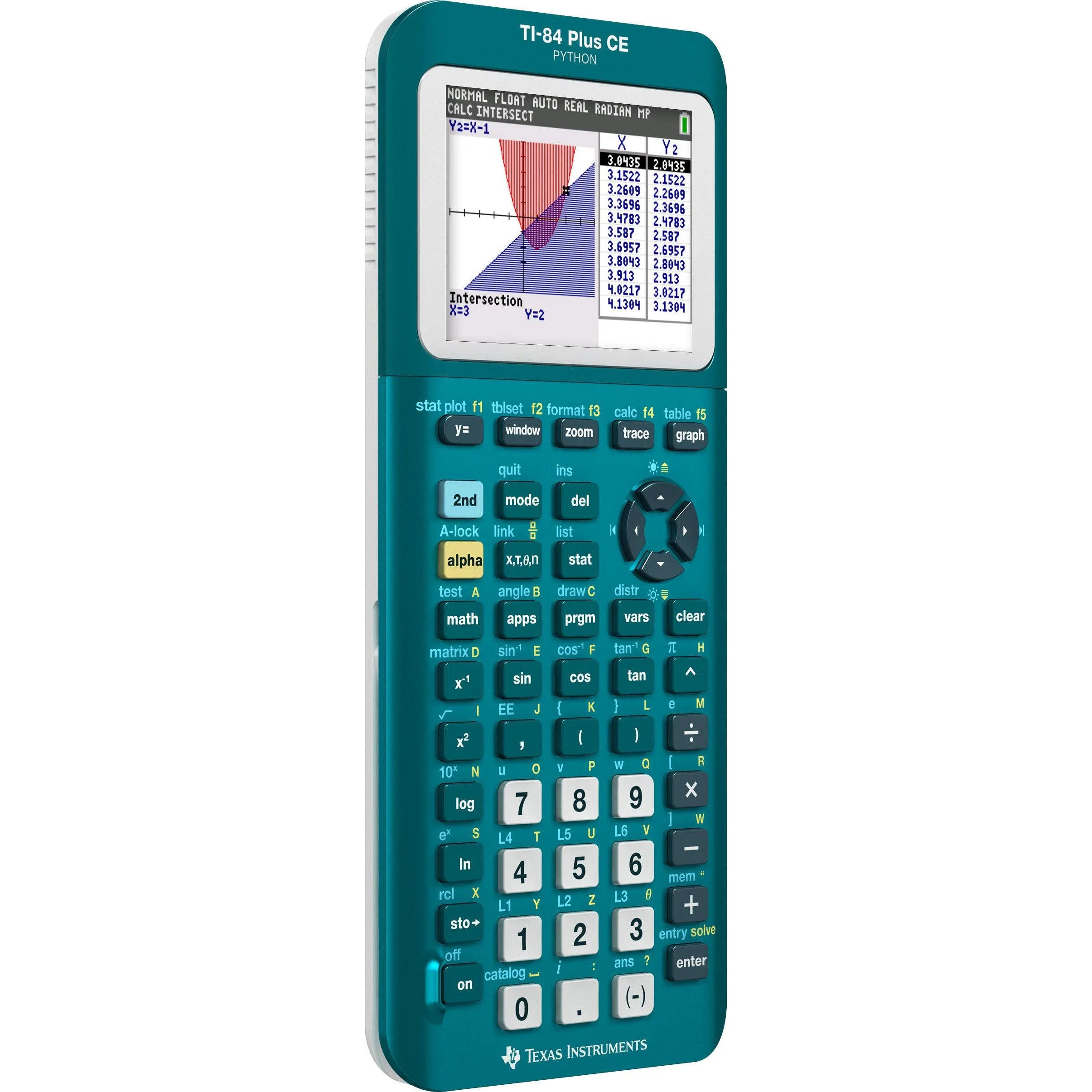 TI-84 Plus CE Python graphing calculator in teal, Texas Instruments, offered by Underwood Distributing Co.