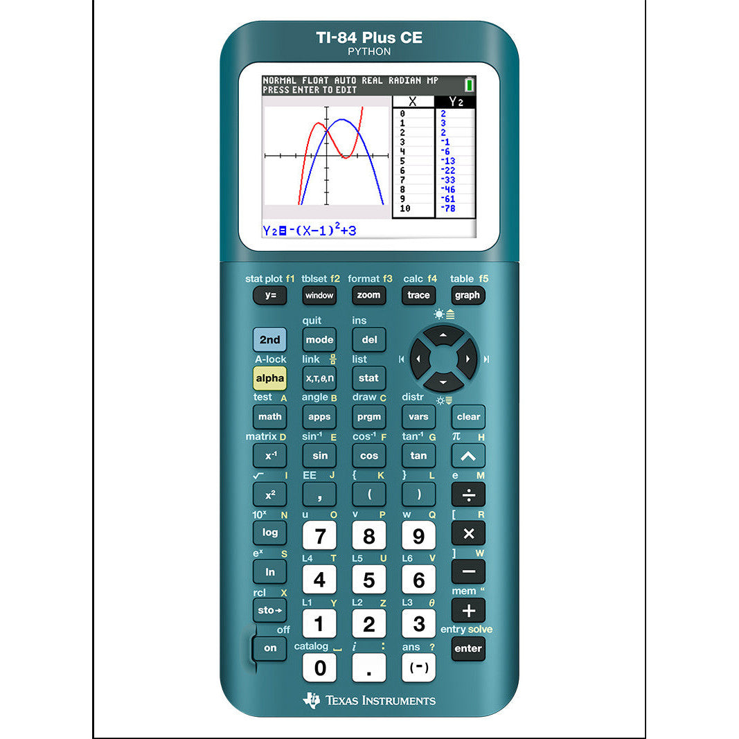 TI-84 Plus CE Python graphing calculator in teal, screen displaying a graph, sold by Underwood Distributing Co.