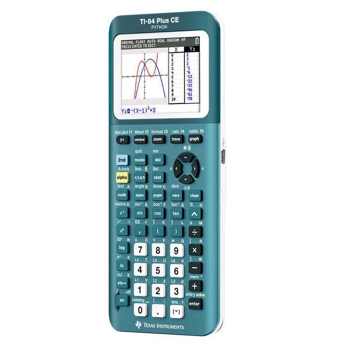 TI-84 Plus CE Python graphing calculator in teal by Texas Instruments, shown with colored graph display.