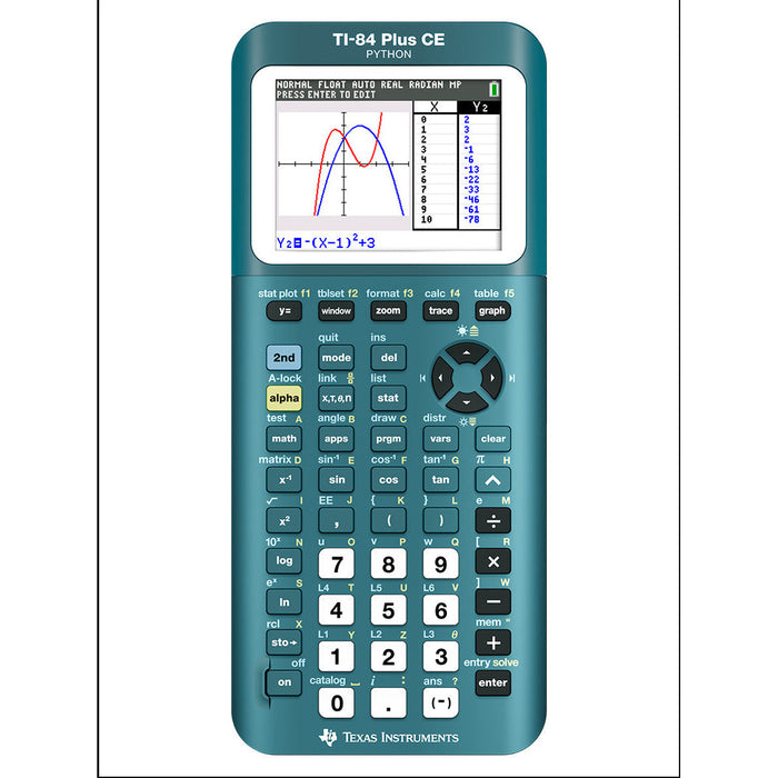 TI-84 Plus CE Python graphing calculator in teal, screen displaying a graph, sold by Underwood Distributing Co.