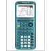 TI-84 Plus CE Python graphing calculator in teal, screen displaying a graph, sold by Underwood Distributing Co.