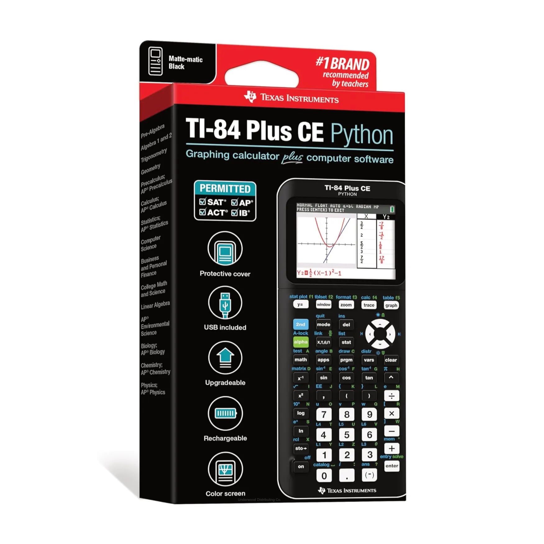 Texas Instruments TI-84 Plus CE Python graphing calculator in retail box at Underwood Distributing Co.