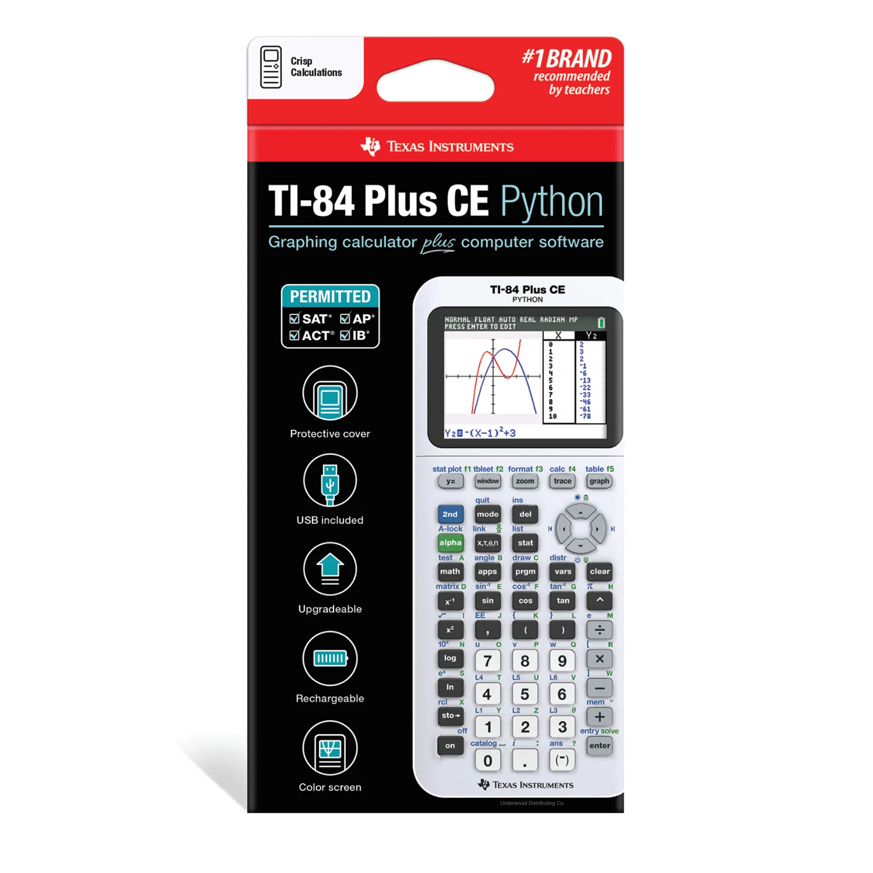 Texas Instruments TI-84 Plus CE Python graphing calculator in white, retail package, Underwood Distributing Co.