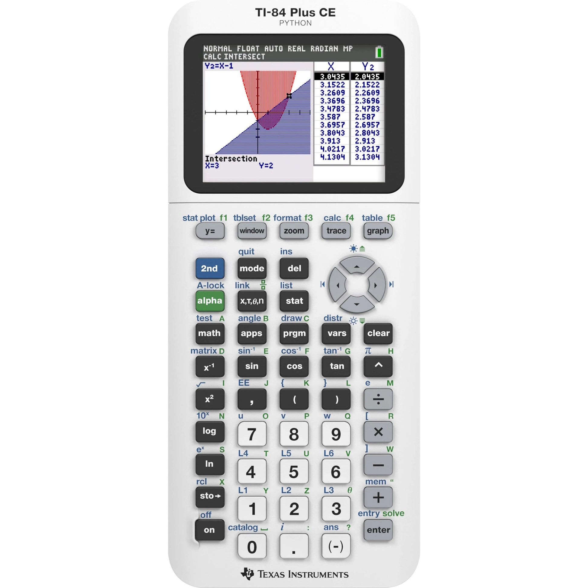 TI-84 Plus CE Python graphing calculator bright white, displaying colored graph, Underwood Distributing