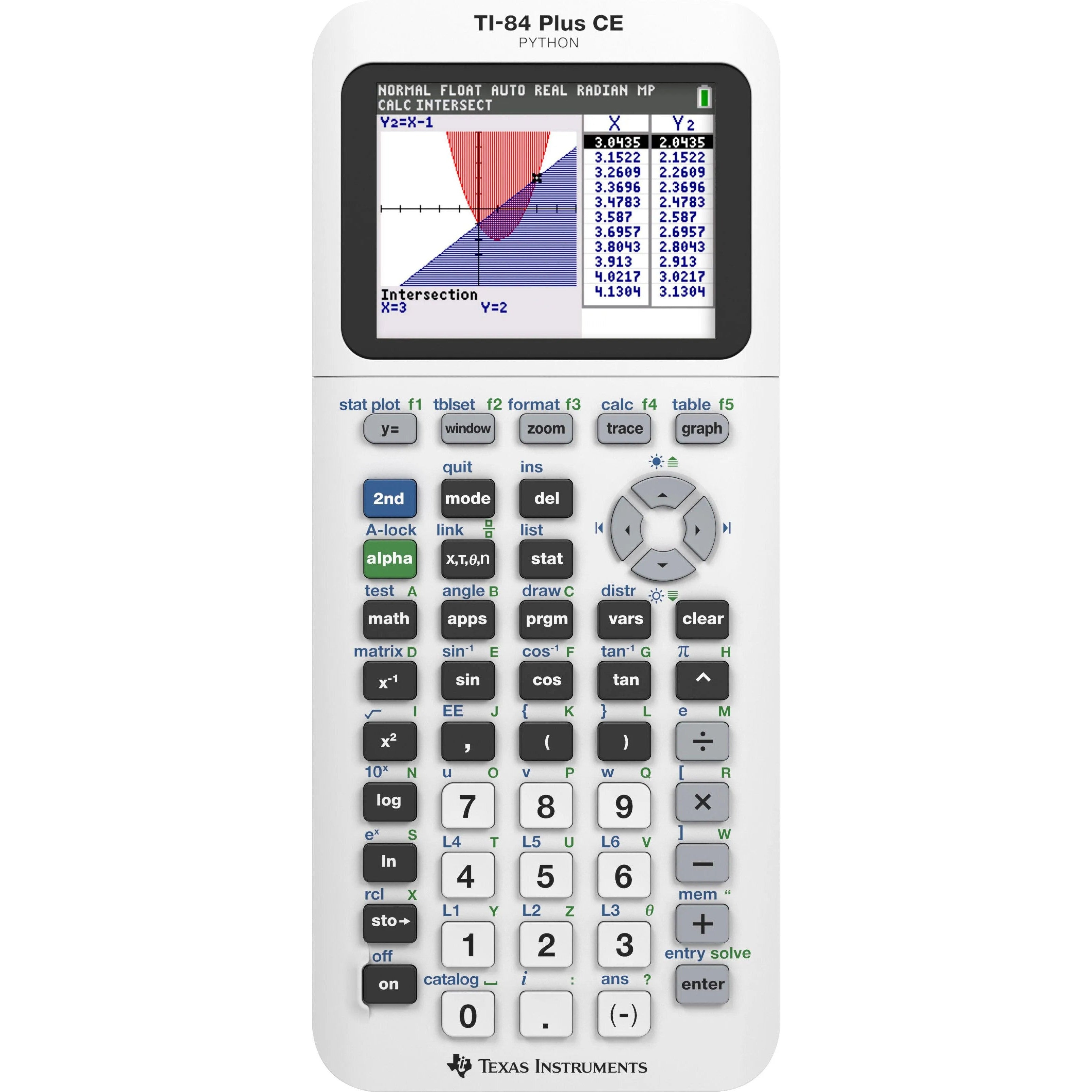 TI-84 Plus CE Python graphing calculator bright white, displaying colored graph, Underwood Distributing