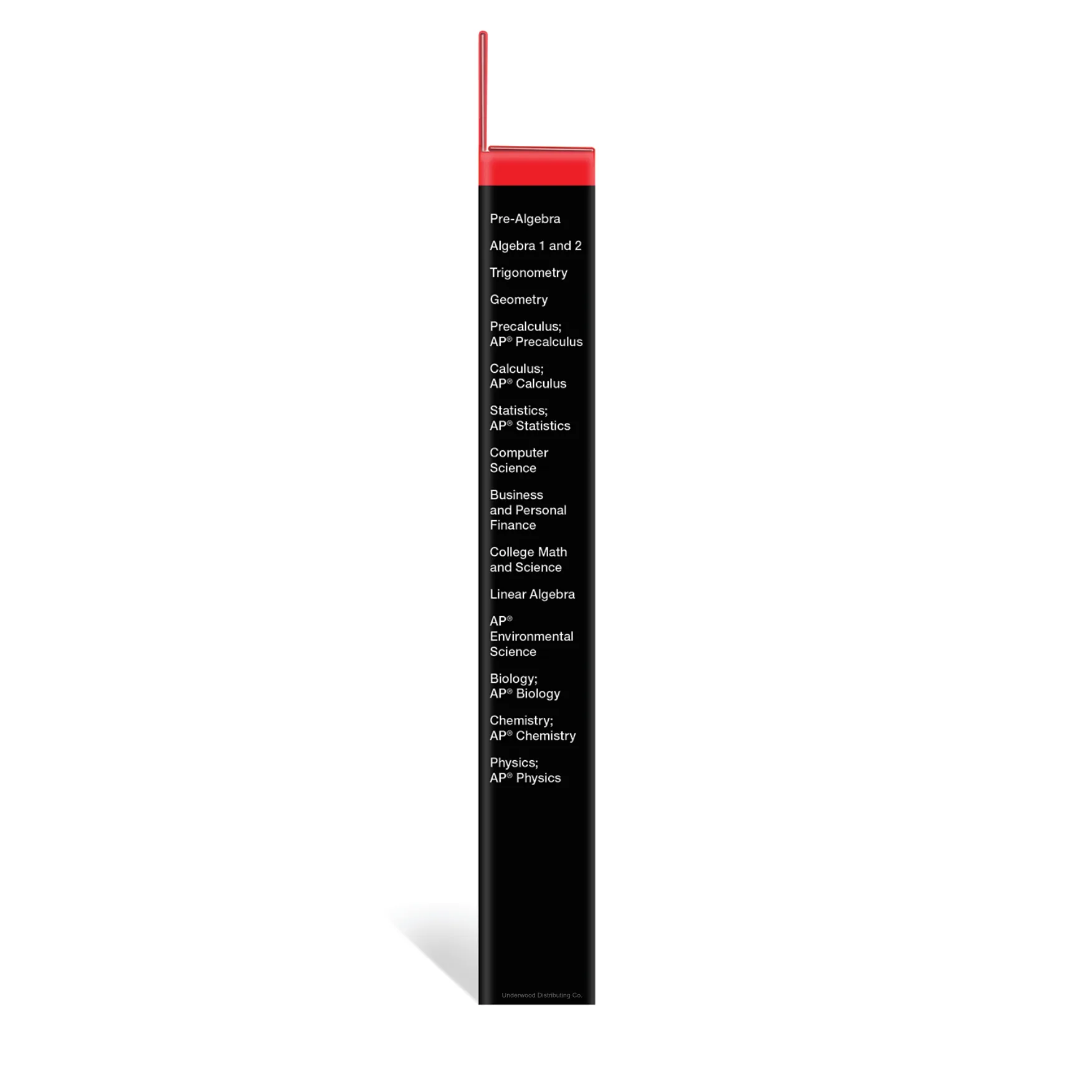 Side view of TI-84 Plus CE Python graphing calculator packaging listing supported math and science subjects.