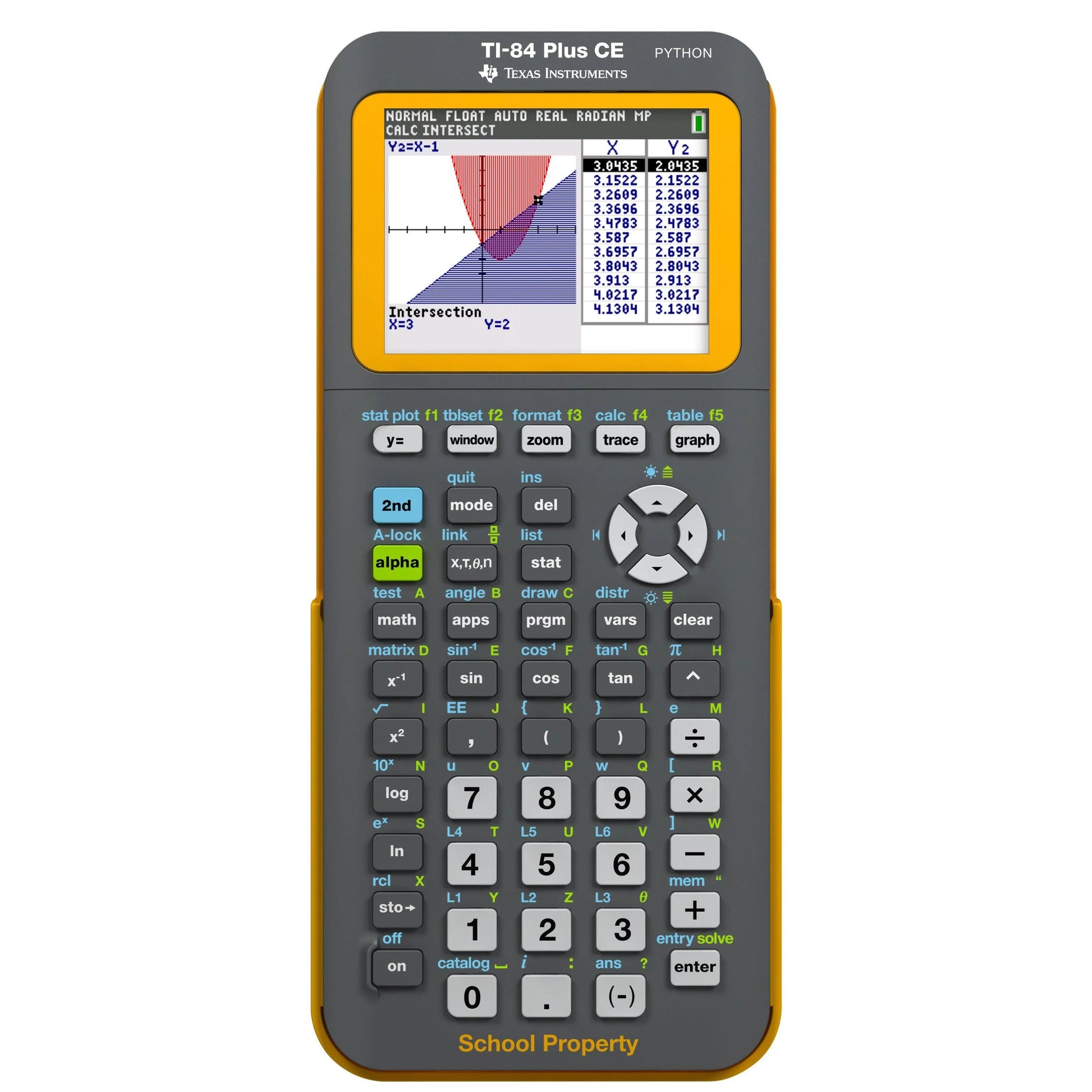 Texas Instruments TI-84 Plus CE Python graphing calculator, yellow, school property, with graph display