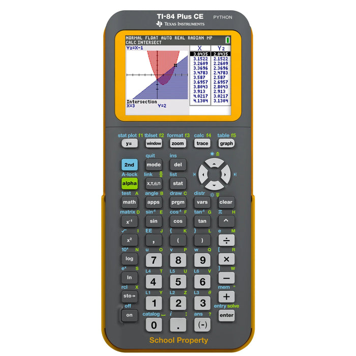 Texas Instruments TI-84 Plus CE Python graphing calculator, yellow, school property, with graph display