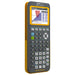 TI-84 Plus CE calculator with color graph screen, yellow protective case, and school property label
