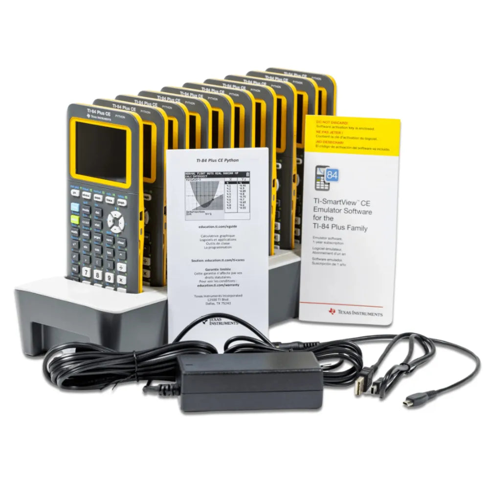 TI-84 Plus CE Teacher Pack graphing calculators with docking station, cords, and manuals