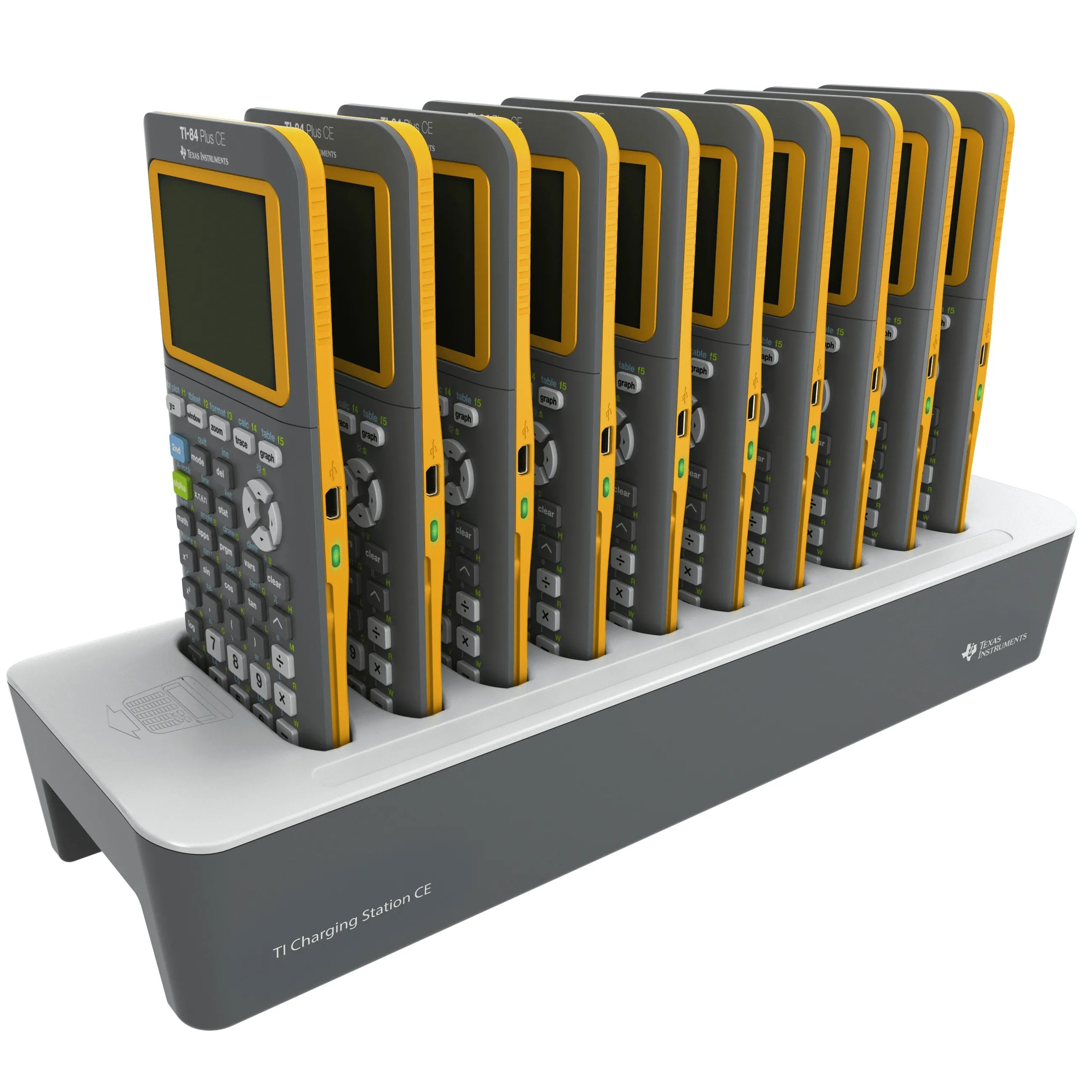 TI-84 Plus CE calculators in Texas Instruments charging station, Underwood Distributing Co.