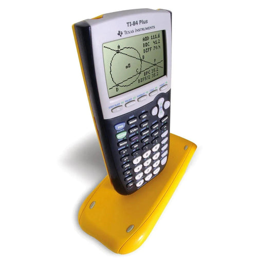 Texas Instruments TI-84 Plus graphing calculator with yellow cover, sold by Underwood Distributing Co.