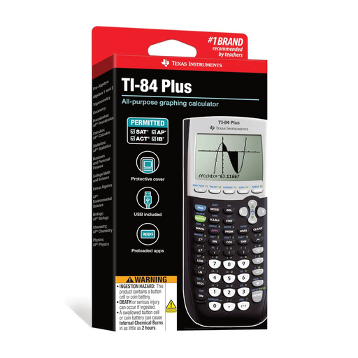 Texas Instruments TI-84 Plus graphing calculator in retail packaging from Underwood Distributing Co.