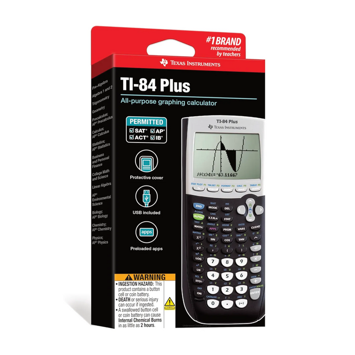 Texas Instruments TI-84 Plus graphing calculator in retail packaging from Underwood Distributing Co.