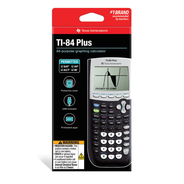 Texas Instruments TI-84 Plus graphing calculator in retail packaging, sold by Underwood Distributing Co.