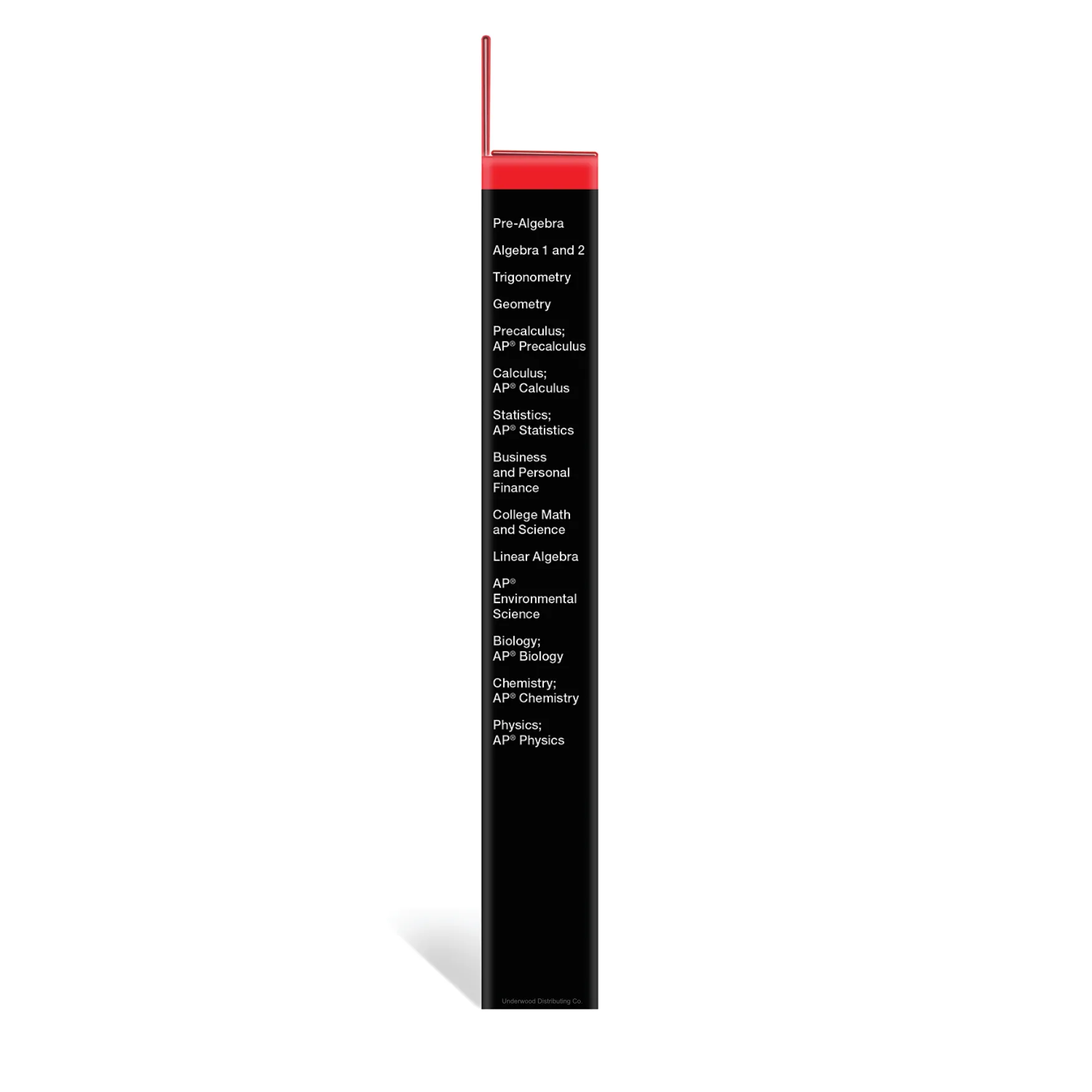 Side view of TI-84 Plus graphing calculator packaging from Underwood Distributing Co, listing supported math and science subjects.