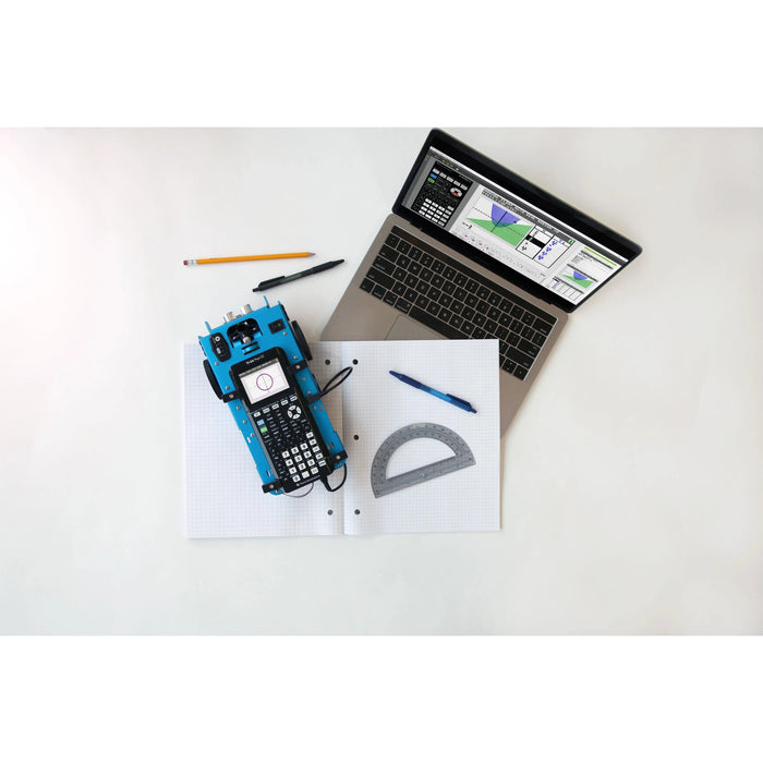Texas Instruments TI-Innovator Rover, graphing calculator, laptop, and math tools on desk